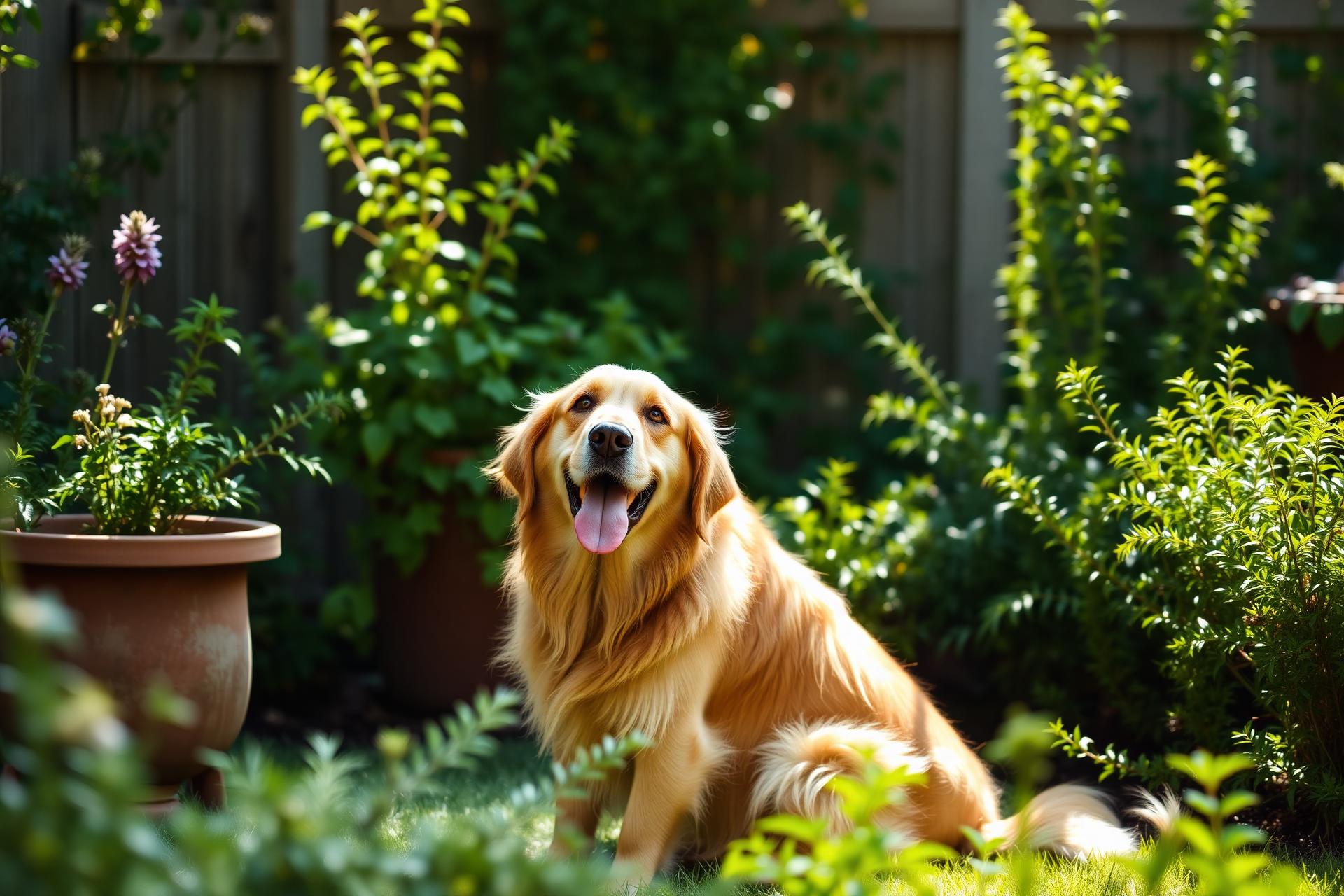 A golden retriever resting in a sunlit herb garden