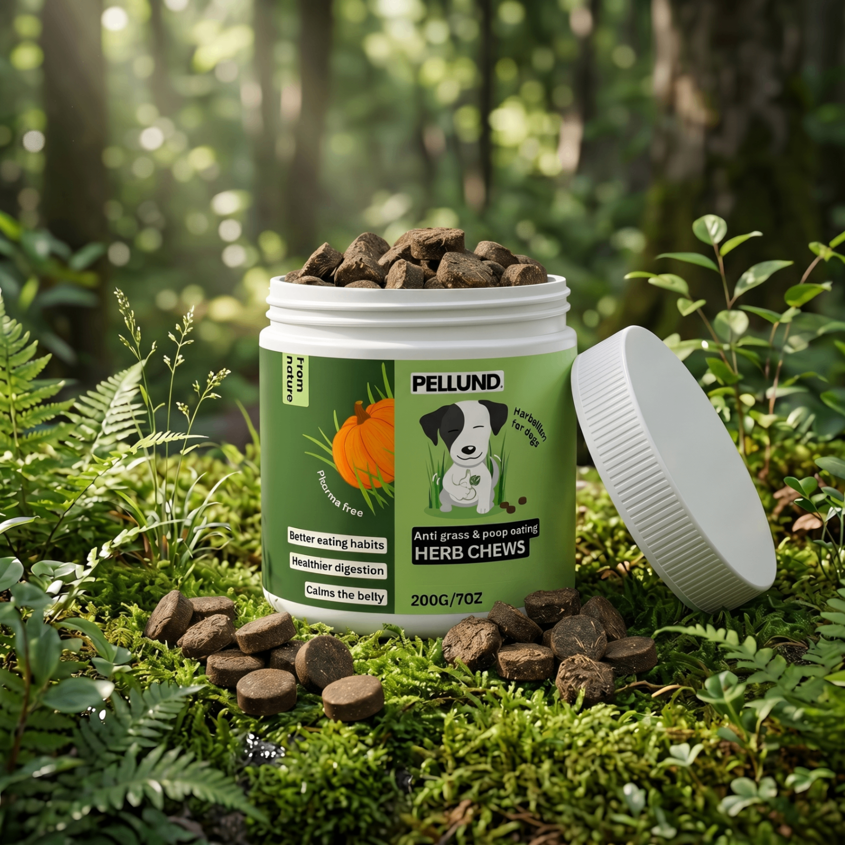 PELLUND Herb Chews jar in a forest